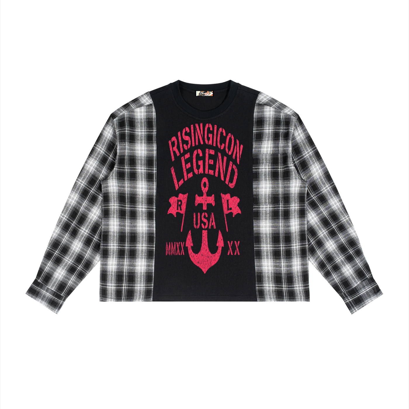 USA Unisex Plaid Panel Long Sleeve T-Shirt