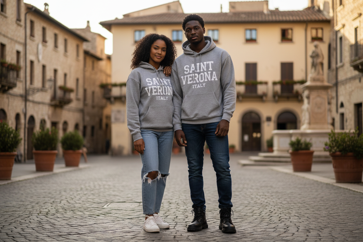 Black couple wearing hoodies that says Saint Vernona ITALY 
