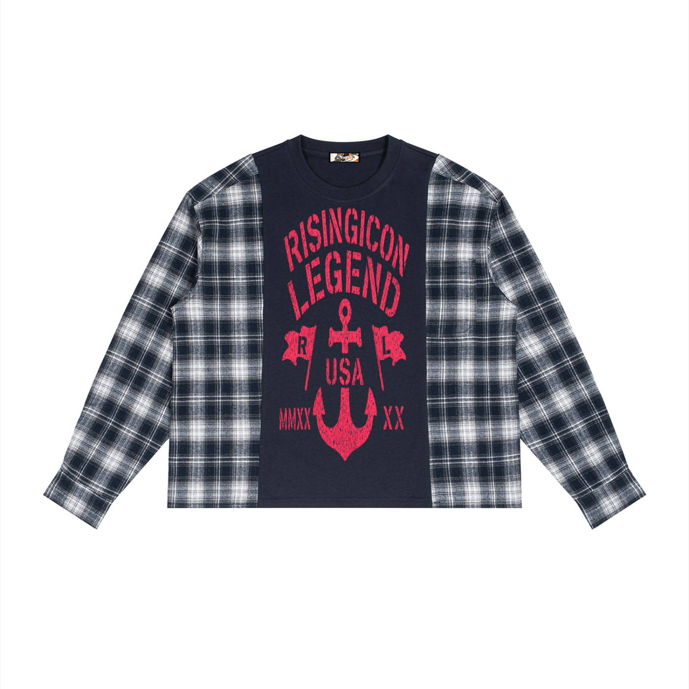 USA Unisex Plaid Panel Long Sleeve T-Shirt